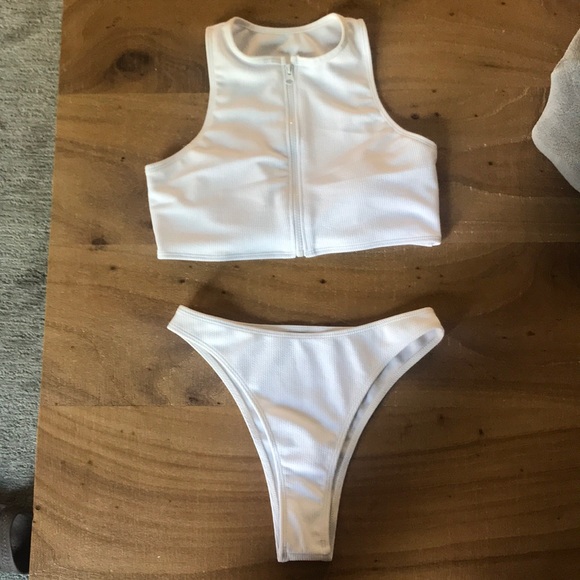 white zip up bikini